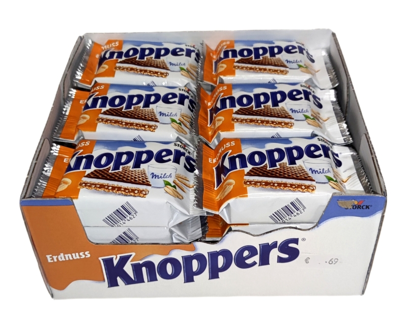 Knoppers Erdnuss mit Erdnüssen, Erdnusscreme und den beiden knusprigen Waffeln einfach ein Genuss - Verpackung
